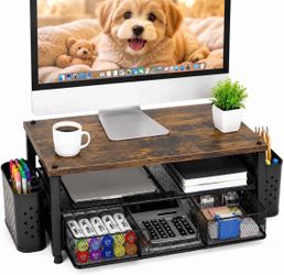 Rustic Wood and Metal Mesh Monitor Stand with Storage