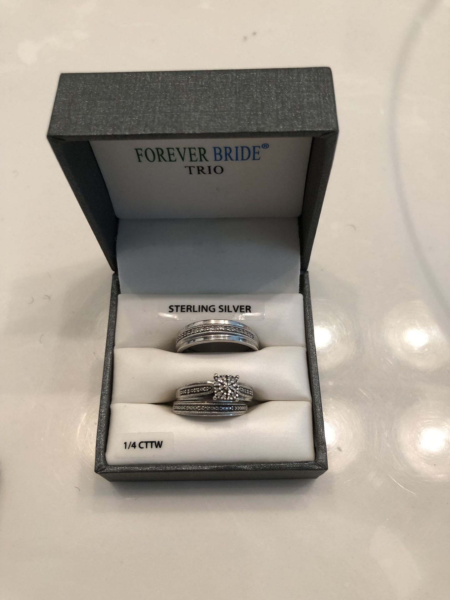 Sterling silver, Diamond Trio Wedding Ring Set