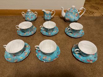 Grace's Teaware Shabby Rose 15-Piece Porcelain Tea Set - Turquoise Blue (Service for 6)