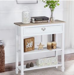 Wnutrees Console Sofa Table with Drawers, 3-Tier Farmhouse Entryway End Table with Open Storage Shelves, Accent Side Table for Hallway Living Room, Wo