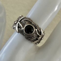 Sterling Silver Feather band  Ring with Black Onyx