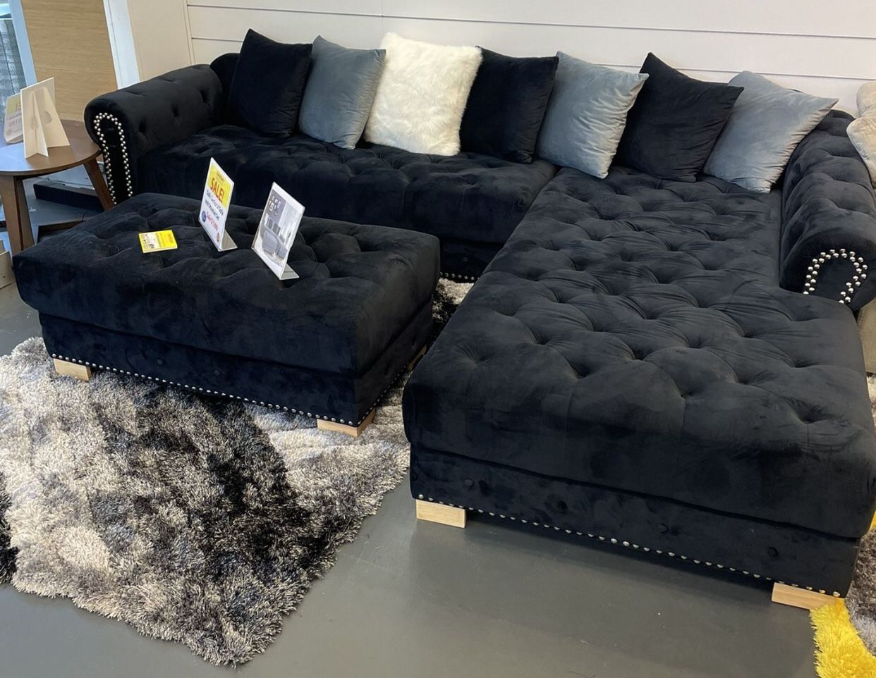 BEAUTIFUL BLACK OR GRAY VELVET SECTIONAL WITH OTTOMAN . SAME DAY DELIVERY AND EASY FINANCING . 