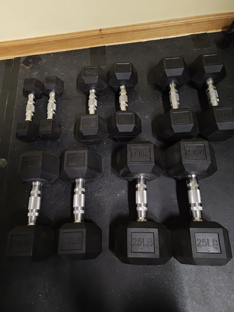 Brand New 5lb Thru 25lb Rubber Hex Dumbbells