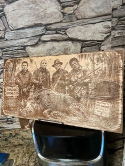 Horror, movie characters, Texas chainsaw massacre, Freddy Krueger Jason, Voorhees, and Michael Myers, on a Everglade pig hunt, laser, engrave, custom