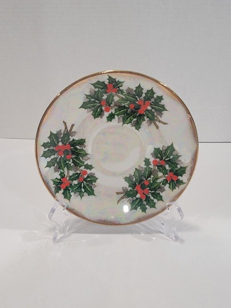 Vintage 1940s Ucagco Lusterware December Holly Tea Cup Saucer Japan Christmas