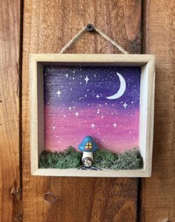 Hand Painted And Wood Burned Shadow Box- Mushroom House