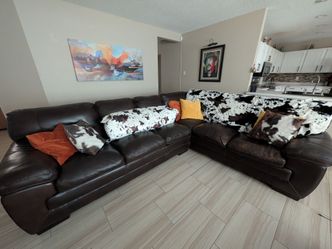 Make Offer!  Large Dayrk Brown Leather L-Shaped Sectional. GOODWILL IS NEXT!