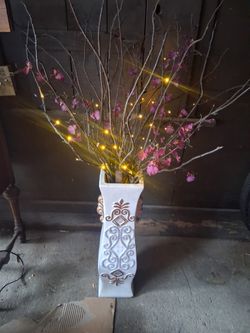46" Tall Twinkle Light Up Cherry Blossoms Tree/ Flowers In Decorative Tall Ceramic Vase