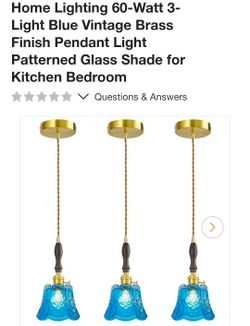 3-Light Blue Glass Vintage Brass Pendant Light Set
