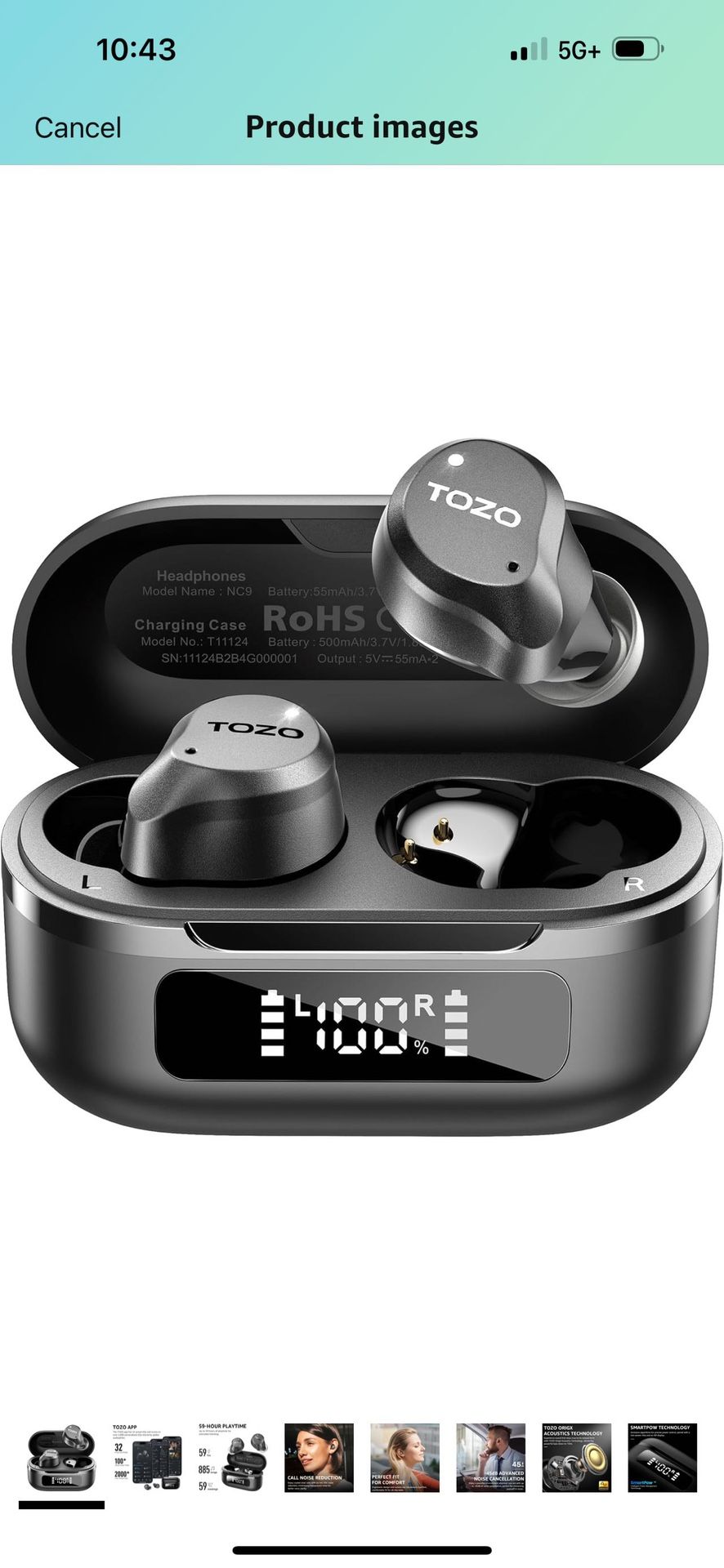 Brand New TOZO Hybrid Active Noise Cancelling Wireless Earbuds, 6 Mics ENC Clear Call, IPX8 Waterproof, in Ear Bluetooth 5.3 Headphones Stereo Bas
