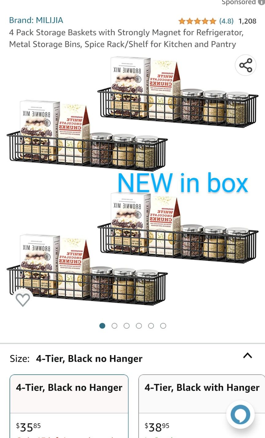 4 Pack Storage Baskets with Strongly Magnet for Refrigerator, Metal Storage Bins, Spice Rack/Shelf for Kitchen and Pantry