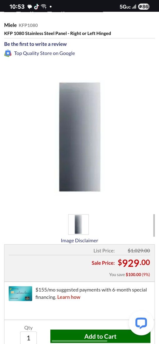 Miele KFP1080 stainless steel door panel for refrigerator or other use $200