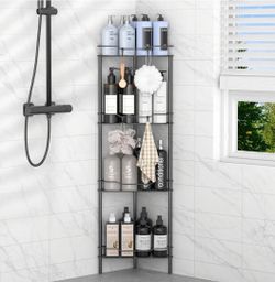 4 Tier Floor Standing Corner Shower Caddy Organizer Shelf with Hooks, Bathroom Shelves Stand Rack, Black