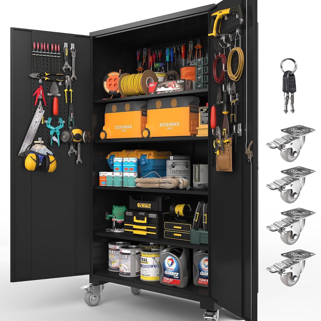 Tall & Wide Metal Storage Cabinet with Doors & 4 Adjustable Shelves | Heavy-Duty Black Lockable Garage Cabinet with Wheels & Pegboard for Office, Gym,