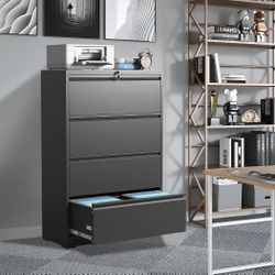 File Cabinets 4 Drawer,Metal Office Storage Filing Cabinet with Lock,Black Lateral Filing Cabinet for Home Office,Horizontal Locking File Cabinet for 
