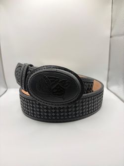 Size 34 Black Woven Leather Belt with Oval Buckle
