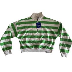 JoyLab Green & White Striped Cropped Half Zip Sweatshirt XS