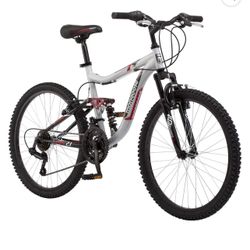 Mongoose Ledge 2.1 Mountain Bike, 24-inch wheels, 21 speeds, boys frame, Silver/Red