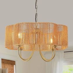 4-Light Boho Hand Woven Vintage Rattan Chandelier 19.7” Large Rattan Pendant Ligh