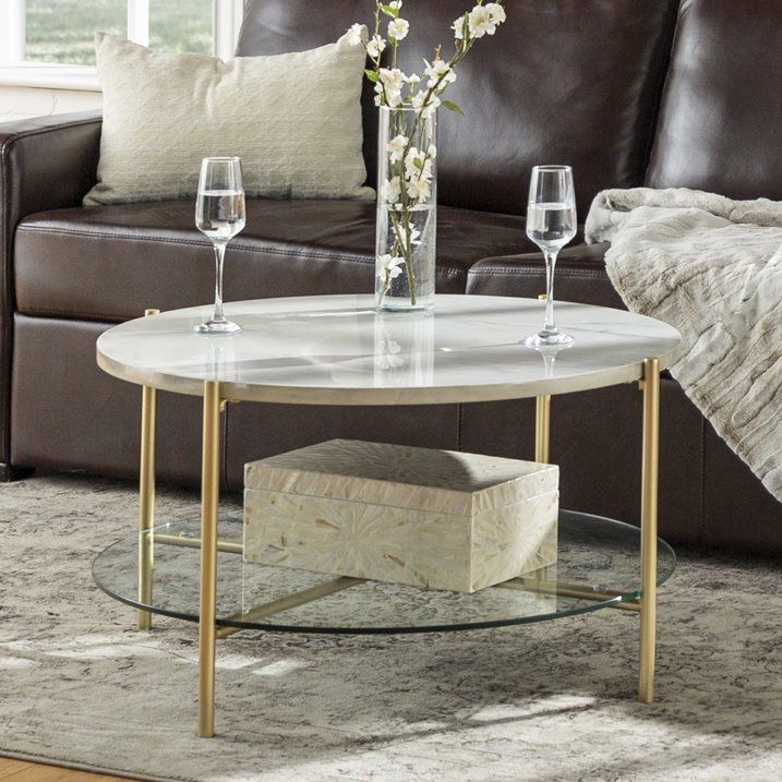 Walker Edison Mid-Century 32" Round Coffee Table - White Marble/Gold