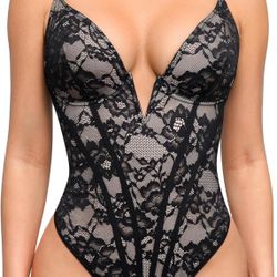 Popilush Shapewear Bodysuit for Women - Deep V Neck Sleeveless Lace Corset Bodysuit Tummy Control Tank Tops