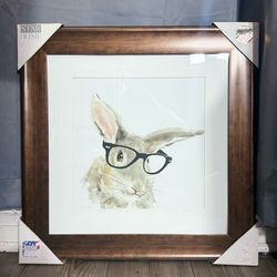 Framed Rabbit Wall Art w/ Glasses – Farmhouse Decor – Cute Animal Print Wood Fra