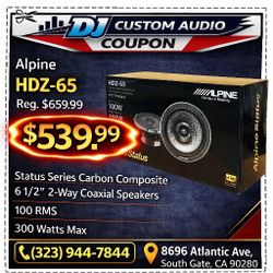 Alpine HDZ-65 Hi-Res Status Series Car Speakers 1-Set 6 1/2" 2-Way Coaxial System 300 Watts 🚨 Payment Options Available 🚨 No Credit Needed 🚨 