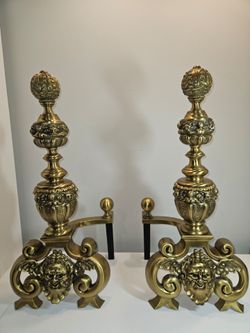 Large Vintage Brass Finish Fireplace Andirons Pair 27" Tall Heavy Ornate Cherub & Green Man Design