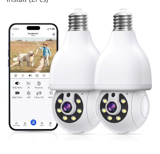 Light Bulb Security Cameras Wireless Outdoor 5g/2.4ghz WiFi, 2K HD Camera Surveillance Exterieur with Color Night Vision,Two Way Talk,Human Motion Sen