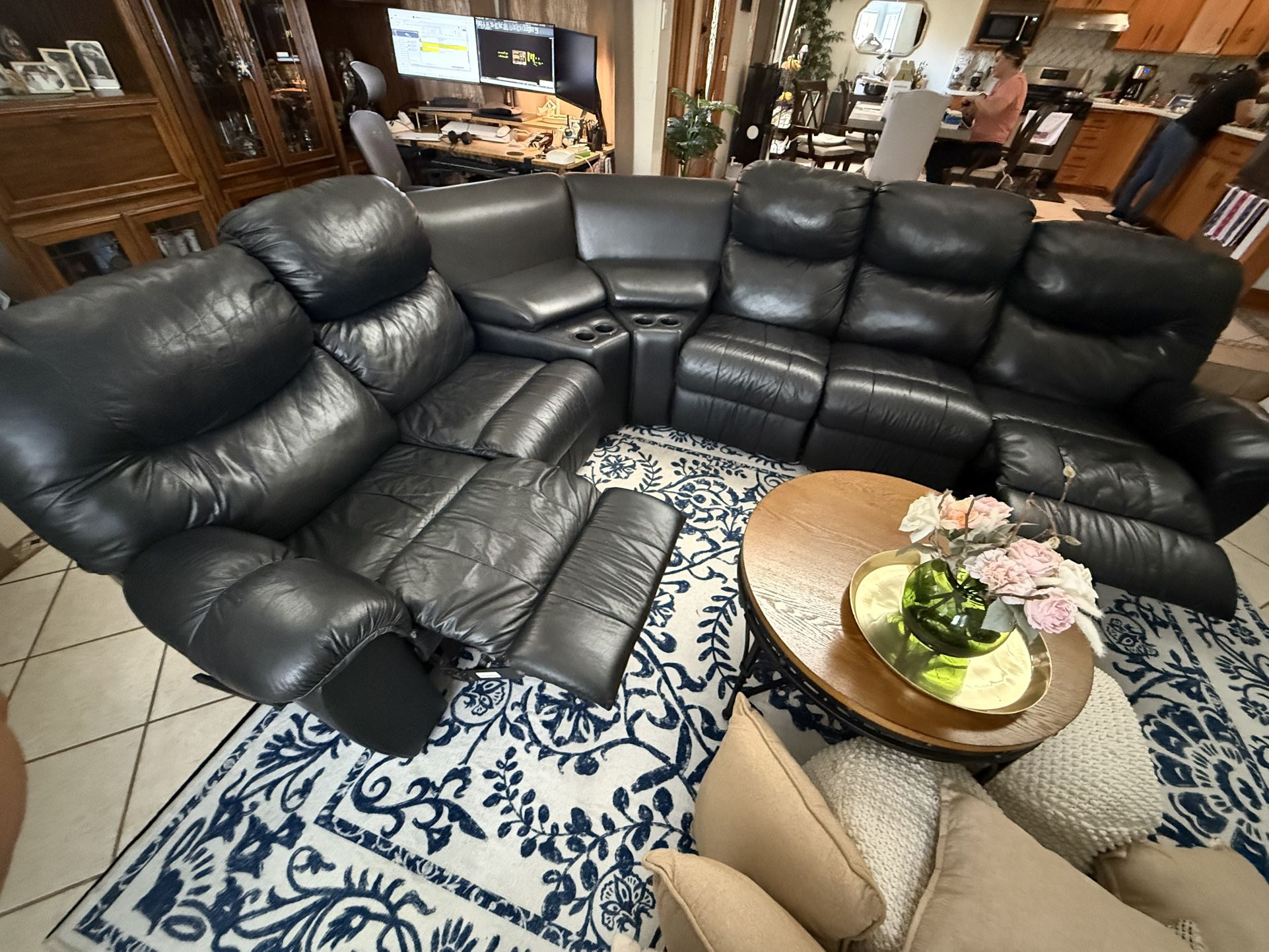 Leather Couch with Recliner And Storage Compartments