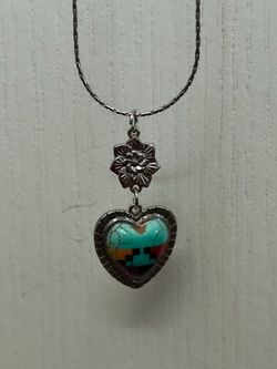 Heart Pendant Necklace w/Turquoise Inlay & Flower Connector