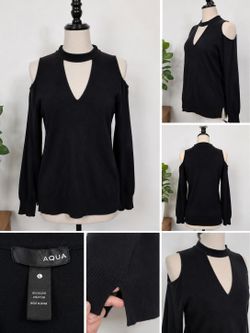 AQUA Black Cold Shoulder Sweater Women's Size L Soft Knit Pullover