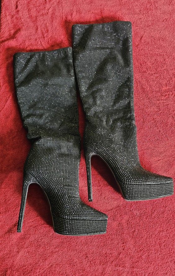 Sun Gurg Women's Thigh High Rhinestone Platform Stiletto Boots – Size 9, Black