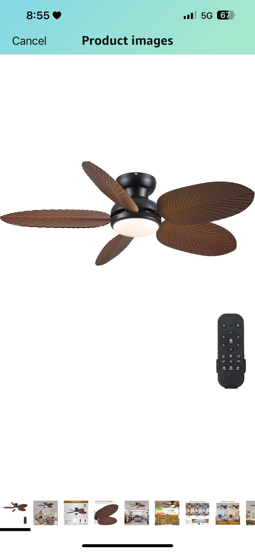 Ceiling Fans with Lights and Remote/APP Control, 45 Inch Low Profile Tropical Ceiling Fan for Living Room Bedroom, Outdoor Flush Mount Palm Leaf