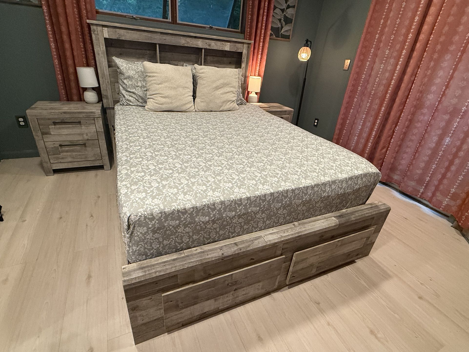 Queen Bed Frame Set With Side Tables And Drawer Storage