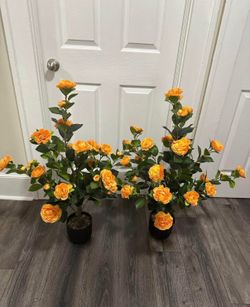 Handmade Pair 3ft Faux Orange Camellia Flower Trees Set