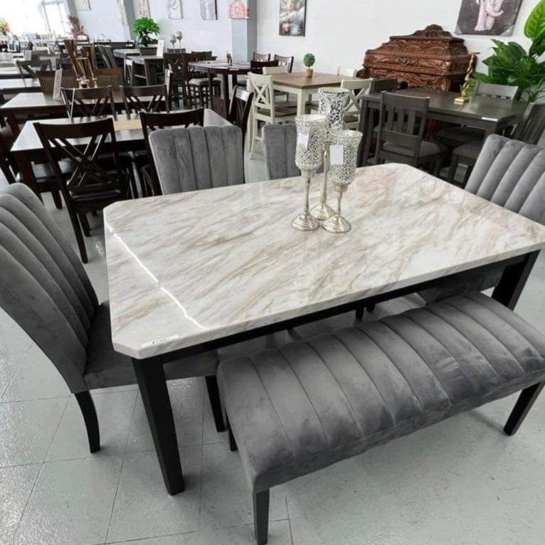 ✅️✅️ 5 pc Pascal black wood finish faux marble top dining table set grey fabric (Bench not included)