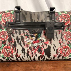 Ed Hardy Snow Leopard True Till Death Embellished Tattoo Weekender Duffel Bag
