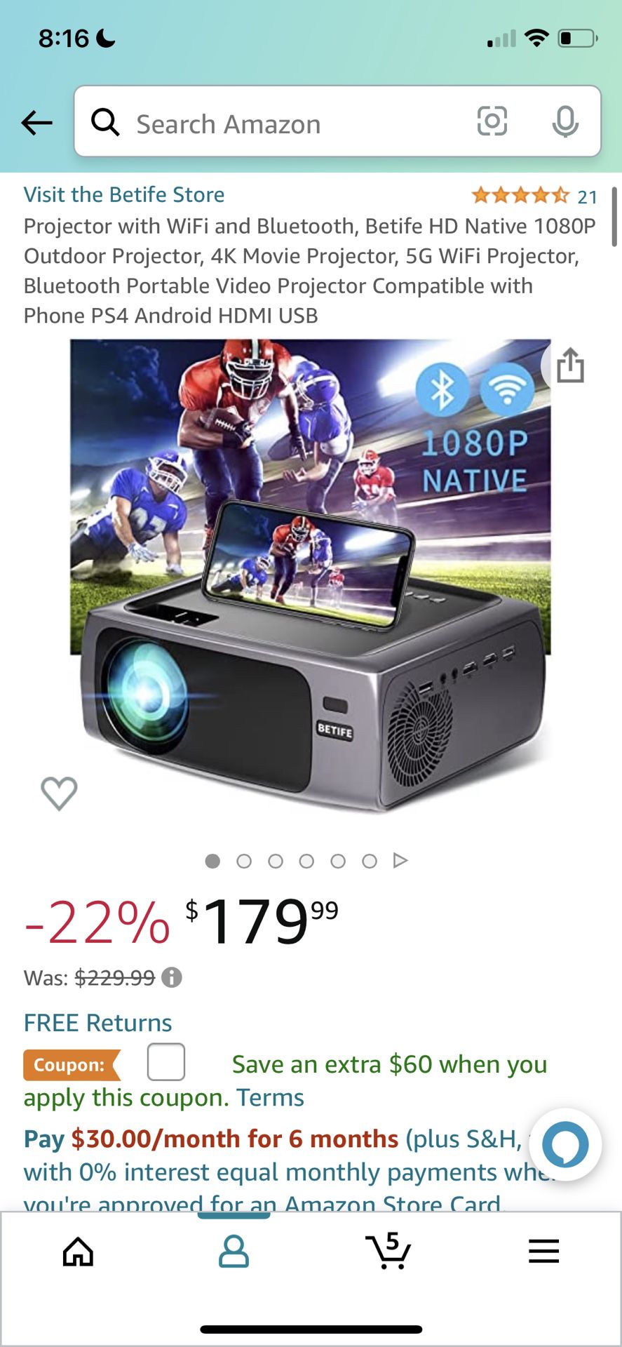 Projector with WiFi and Bluetooth, Betife HD Native 1080P Outdoor Projector
