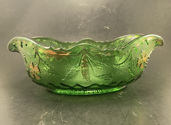 Antique EAPG c1899 US Glass Delaware Emerald Green & Gold Gilt Oval Banana Table Bowl