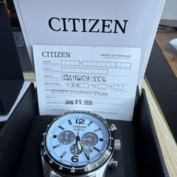 Citizen Watch Eco-Drive Chronograph with Light Blue Dial – Model CA7045-55L, Stainless Steel.