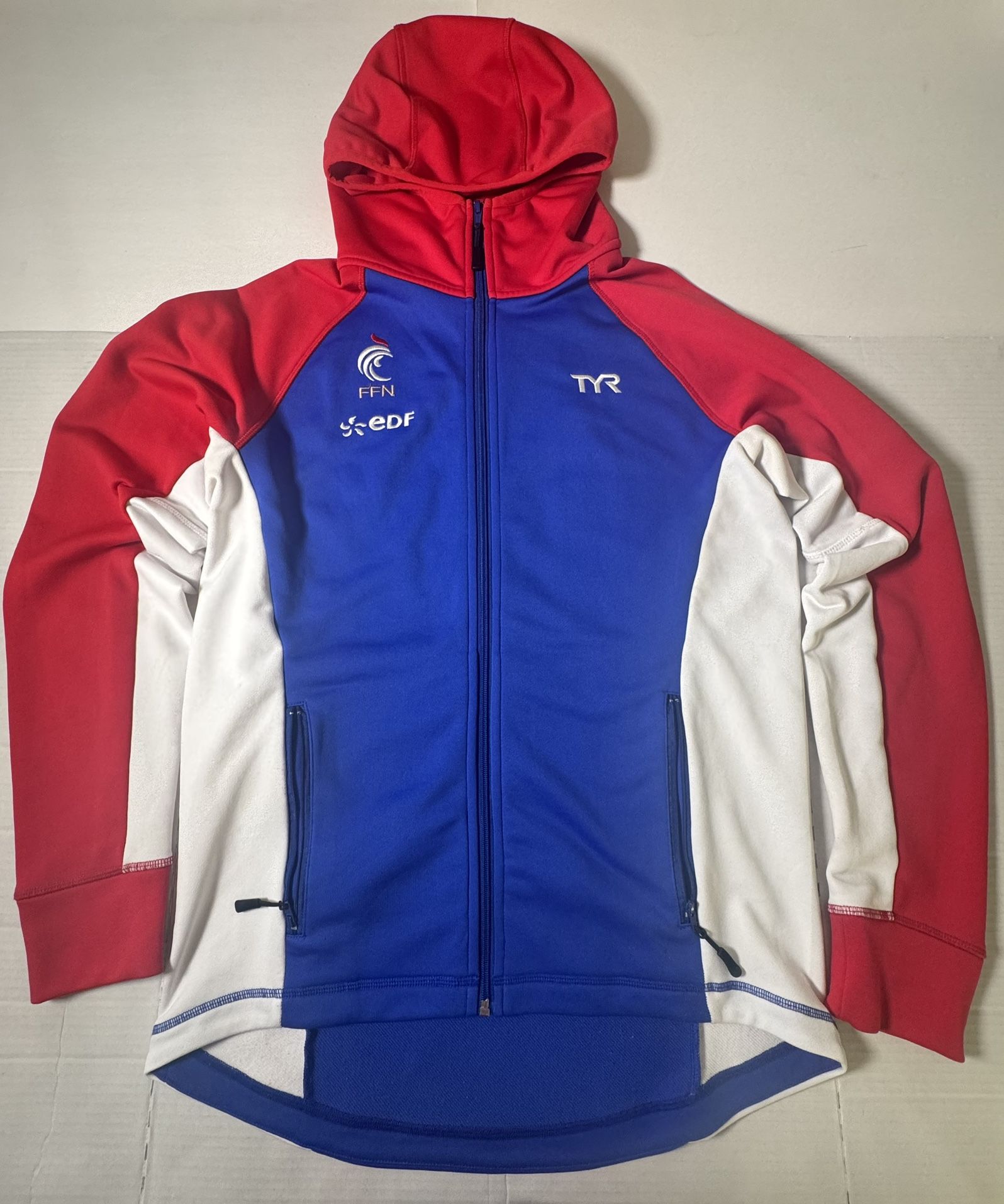 Pre Owned Good Last Photo I have not tried to remove TYR France Track Jacket FFN EDF Embroidered Full Zip Hoodie Red White Blue Men Size Medium
