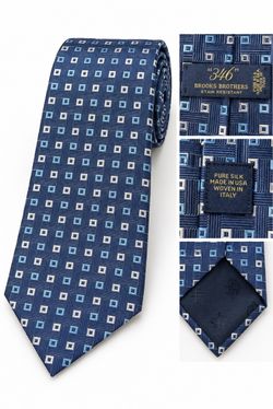 Brooks Brothers 346 Men’s Silk Tie Navy Blue Light Blue Silver Square Geometric