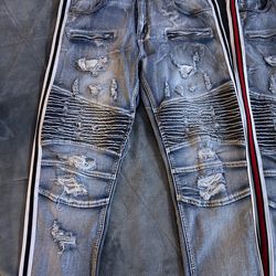 Men's Distressed Stripe Biker Jeans Blue Light Wash Cotton Denim Straight Style