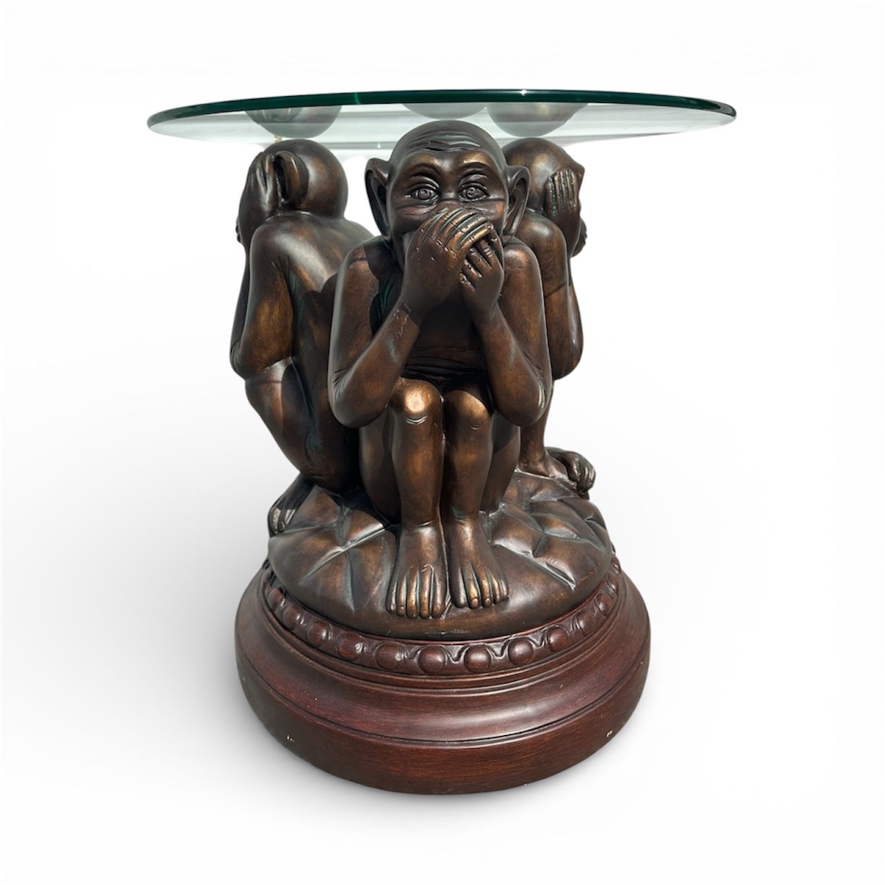 Whimsical Three Wise Monkeys Revolving Sculpture Table Round Glass Top Rare 28"