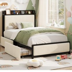 Garvee GAOMON Twin Size Bed Frame with 2 Storage Drawers and Charging Station, Rustic Velvet Upholstered Platform Bedframe with Storage Headboard, No 