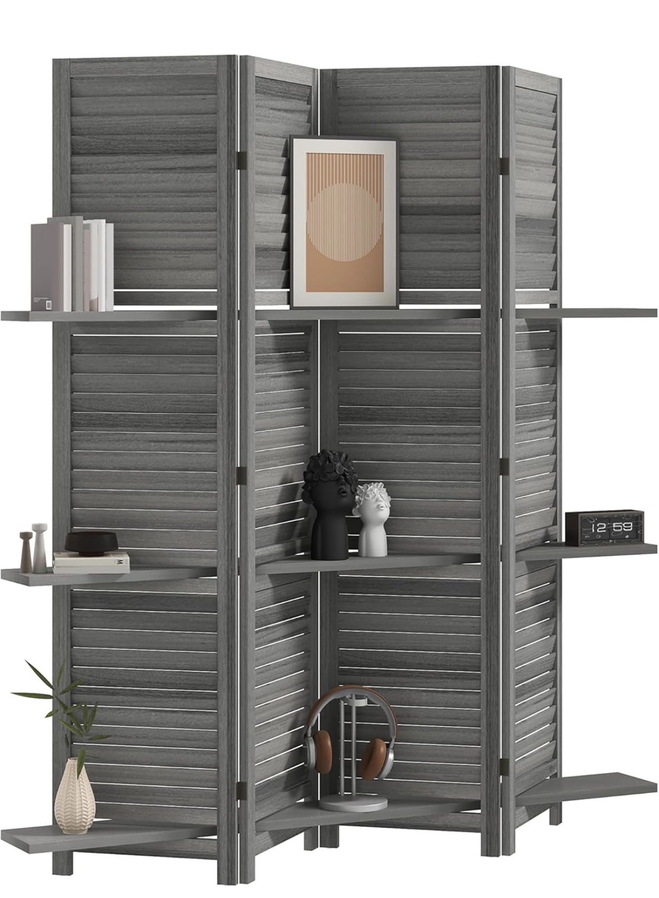 Room Divider, 4 Panel 67" Tall Wood Privacy Screen with 3 Display Shelves, and Folding Storage