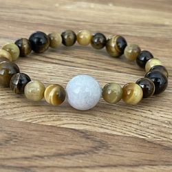 Natural Charged Jade With  Gold & Brown Tiger Eye Bracelet(known For:decision & $ Making,remove Negativity,protection, Wisdom, healer)