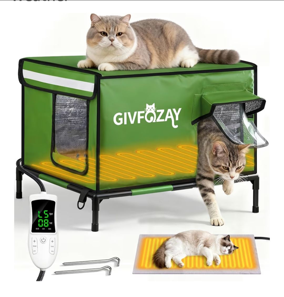 Heated Cat House for Outside Use 900D Oxford Cloth, Outside Cat House Weatherproof with Remote Control Heated Pad, Insulated Cat Houses with Removable
