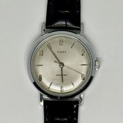 Vintage Timex Marlin Mechanical Hand-Wind Watch Silver Dial Leather Strap RUNS